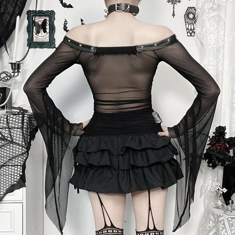 Long flared sleeve off shoulder mesh drawstring top  | Festival Outfits Women-final-sale