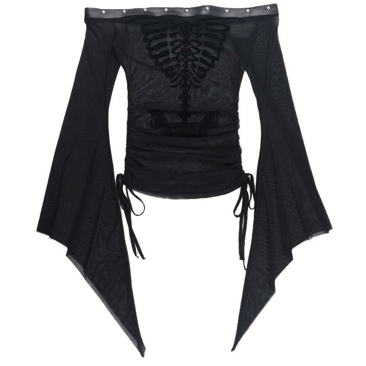 Long flared sleeve off shoulder mesh drawstring top  | Festival Outfits Women-final-sale