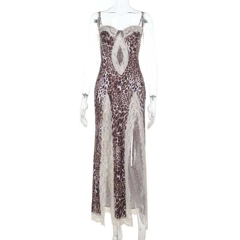 Leopard print lace hem hollow out high slit cami cut out maxi dress  | Festival Outfits Women