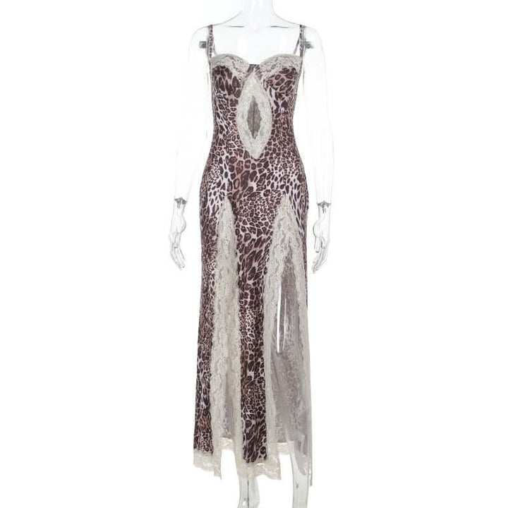 Leopard print lace hem hollow out high slit cami cut out maxi dress  | Festival Outfits Women