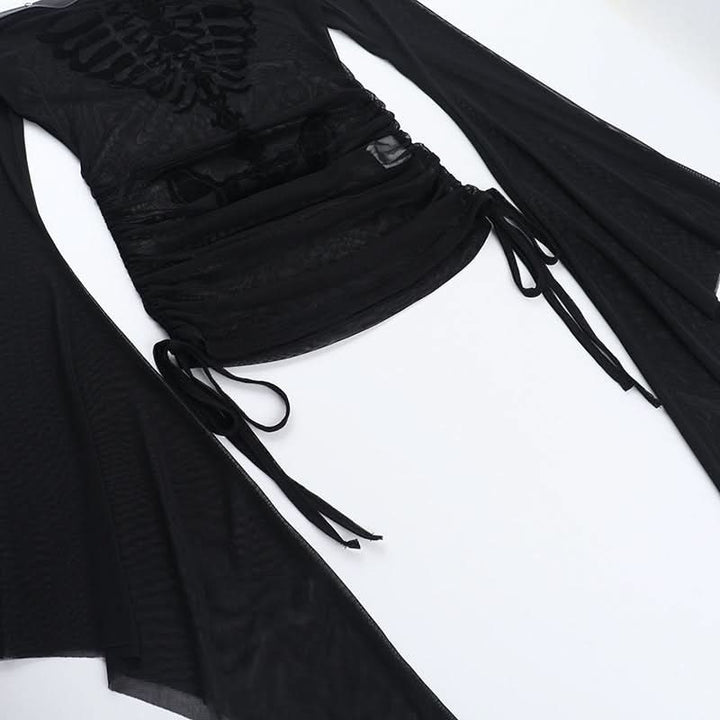 Long flared sleeve off shoulder mesh drawstring top  | Festival Outfits Women-final-sale