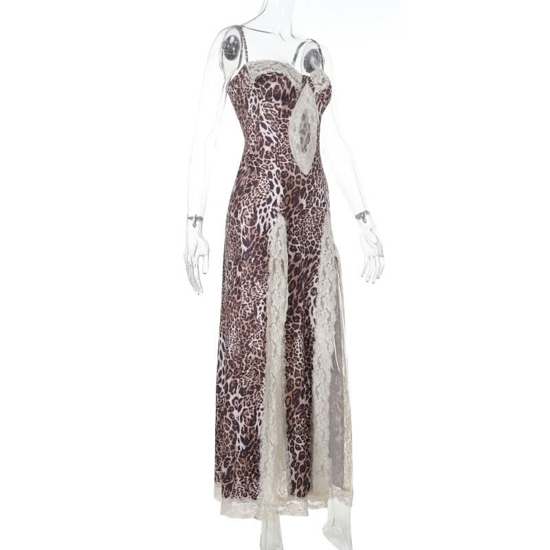 Leopard print lace hem hollow out high slit cami cut out maxi dress  | Festival Outfits Women