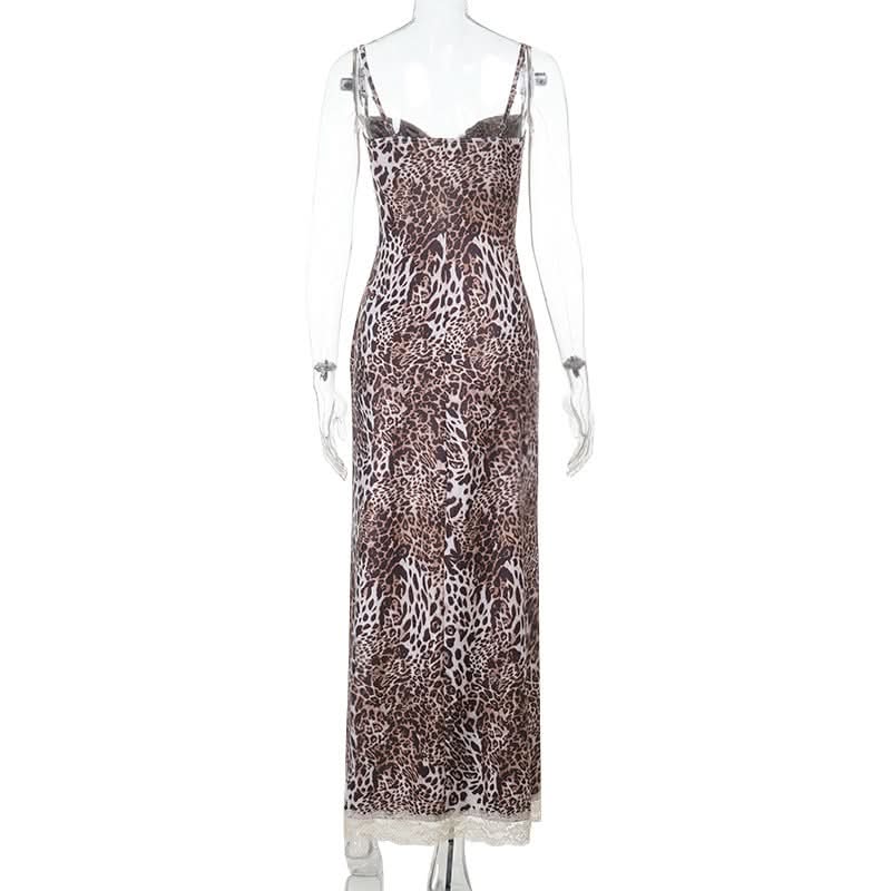 Leopard print lace hem hollow out high slit cami cut out maxi dress  | Festival Outfits Women