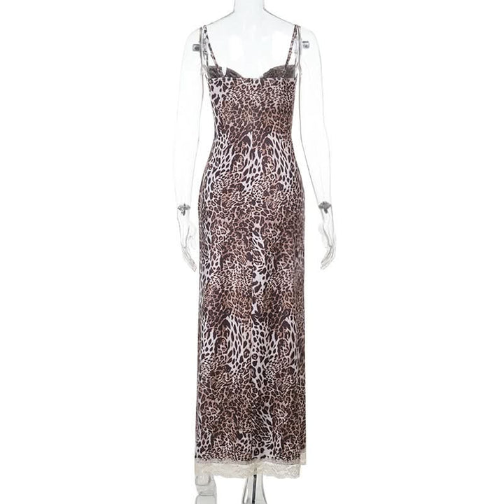 Leopard print lace hem hollow out high slit cami cut out maxi dress  | Festival Outfits Women