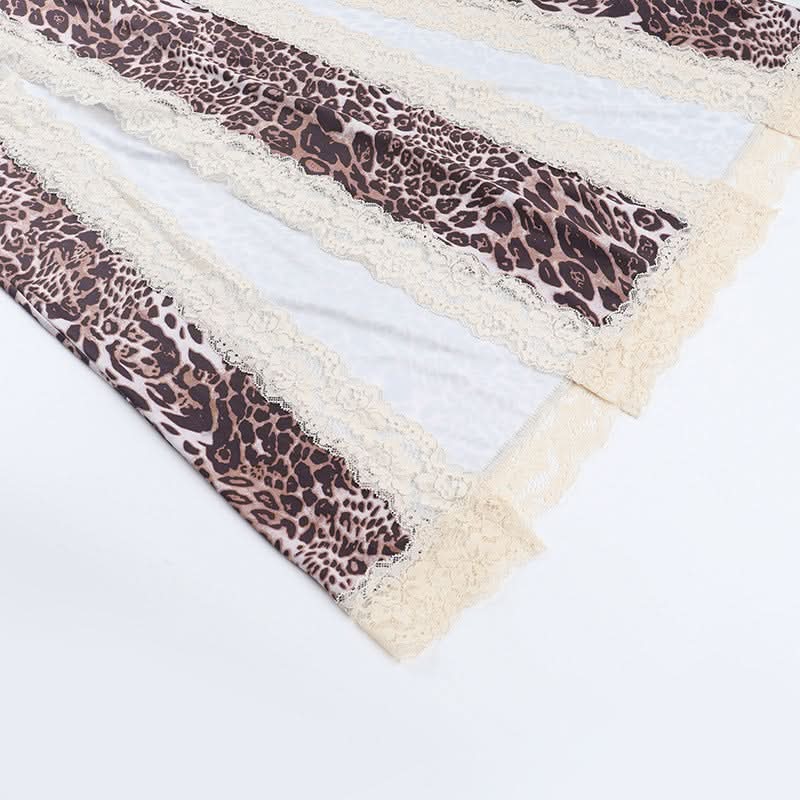 Leopard print lace hem hollow out high slit cami cut out maxi dress  | Festival Outfits Women