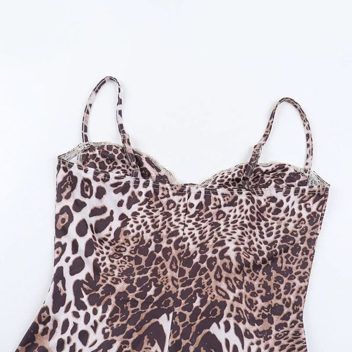 Leopard print lace hem hollow out high slit cami cut out maxi dress  | Festival Outfits Women