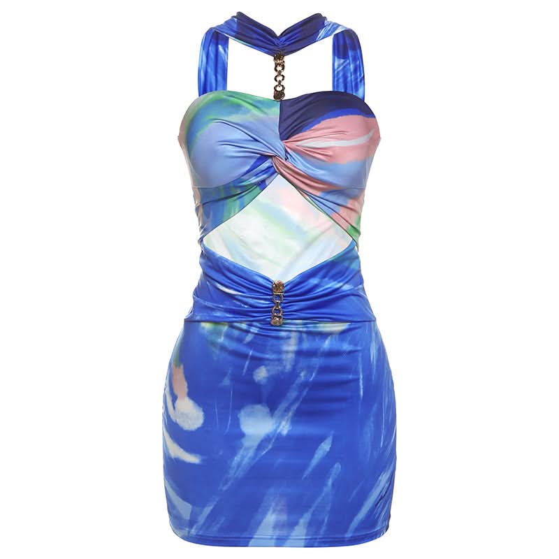 Halter hollow out contrast ruched cut out mini dress  | Festival Outfits Women-final-sale