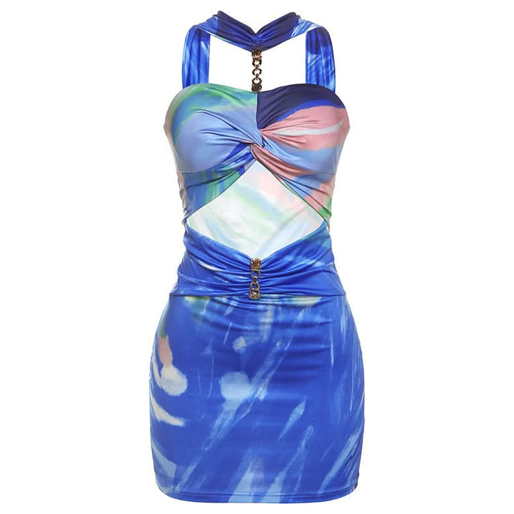 Halter hollow out contrast ruched cut out mini dress  | Festival Outfits Women-final-sale