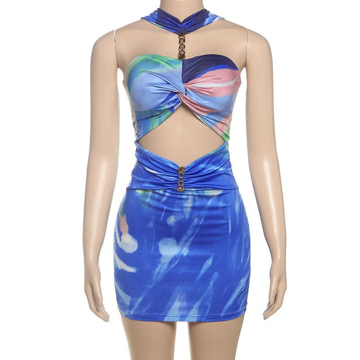 Halter hollow out contrast ruched cut out mini dress  | Festival Outfits Women-final-sale