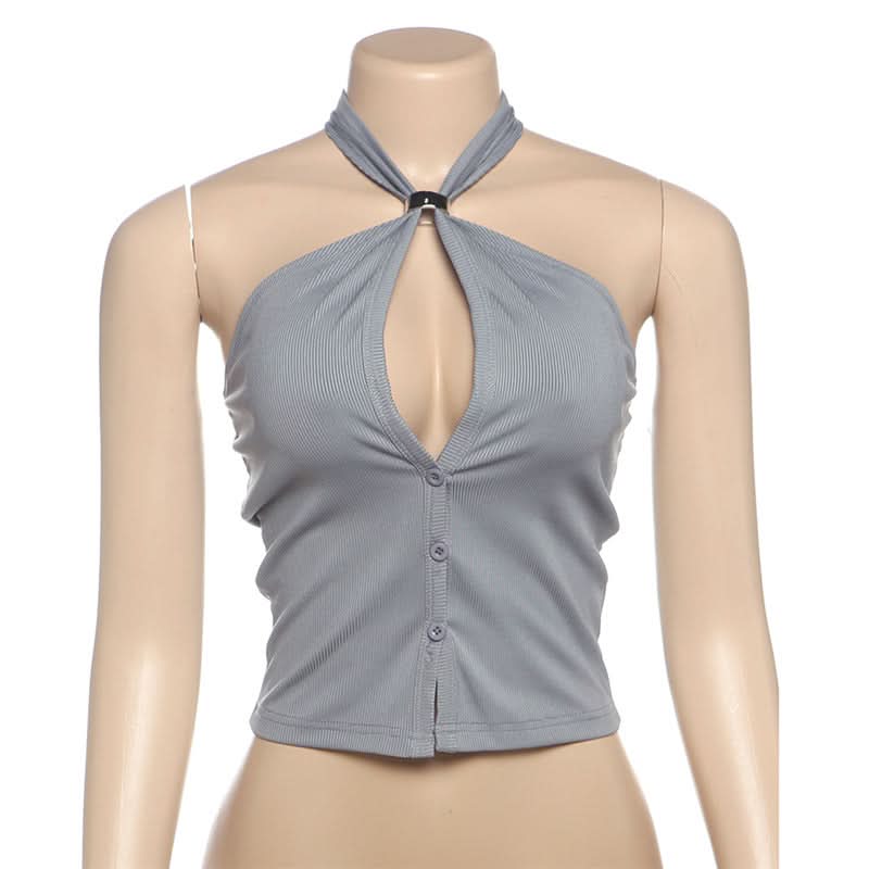 Halter hollow out button backless cut out top  | Festival Outfits Women