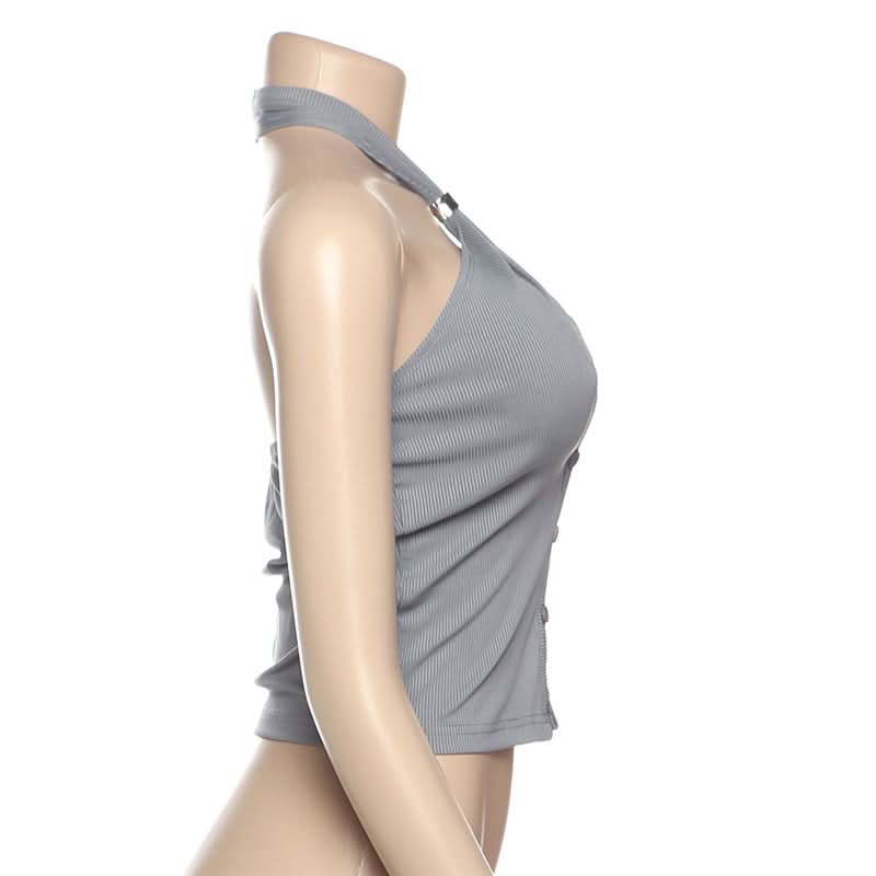 Halter hollow out button backless cut out top  | Festival Outfits Women