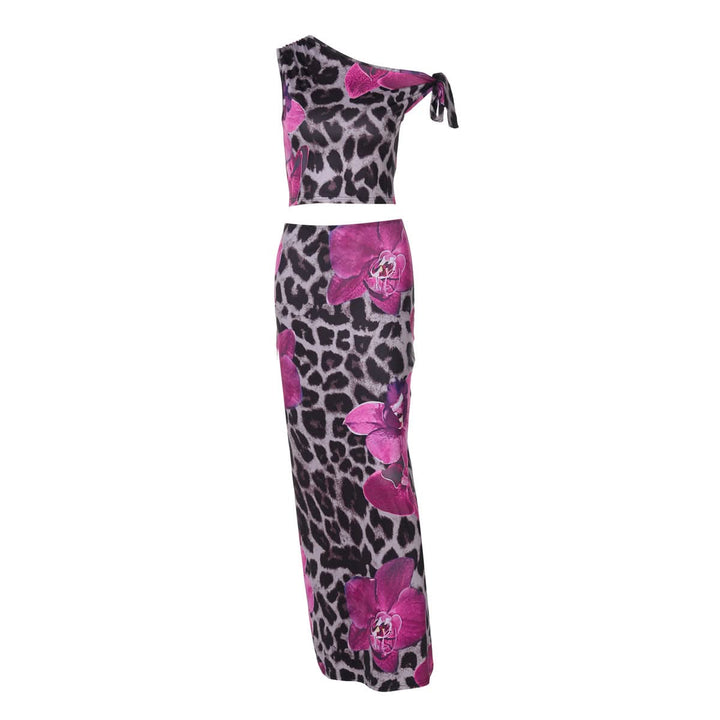 One shoulder flower leopard print maxi skirt set  | Festival Outfits Women