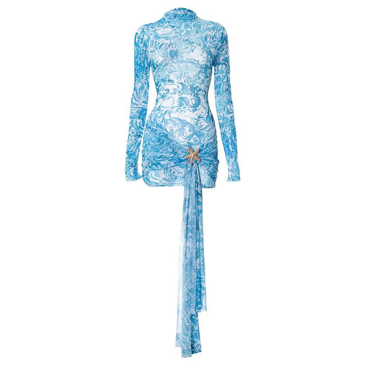 Long sleeve high neck mesh starfish applique mini dress  | Festival Outfits Women