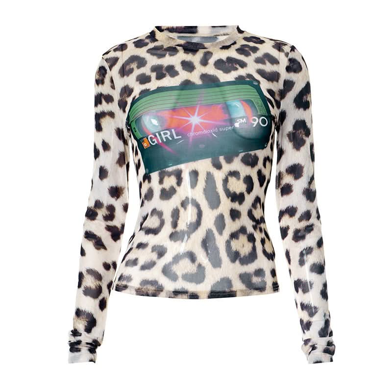Leopard print mesh long sleeve top  | Festival Outfits Women  | Cheetah Print Top