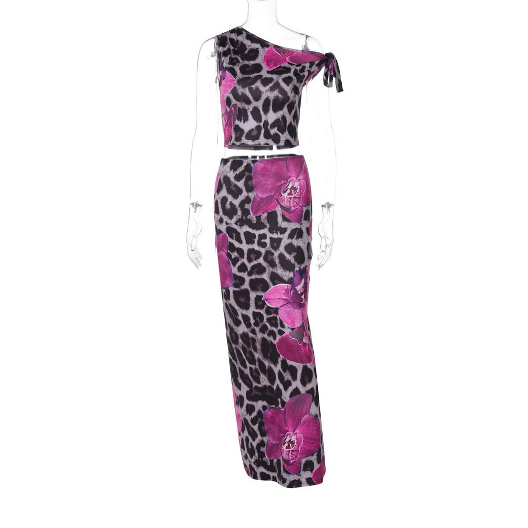 One shoulder flower leopard print maxi skirt set  | Festival Outfits Women