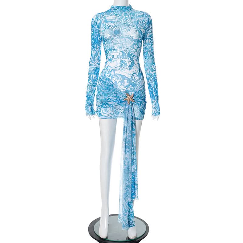 Long sleeve high neck mesh starfish applique mini dress  | Festival Outfits Women