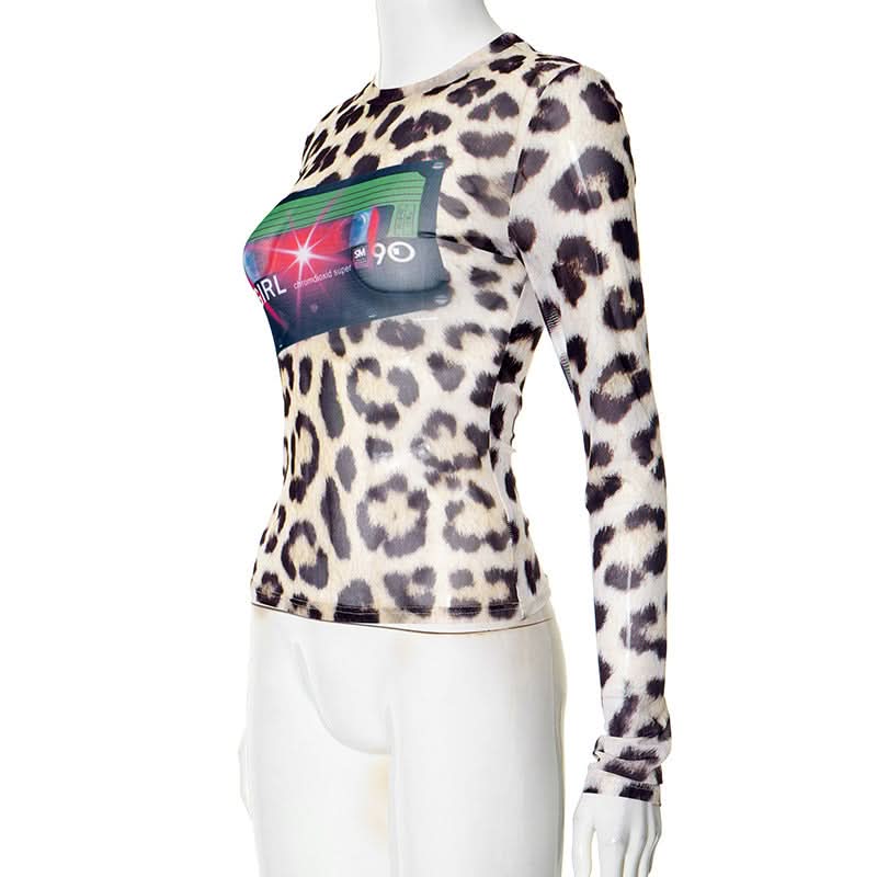 Leopard print mesh long sleeve top  | Festival Outfits Women  | Cheetah Print Top