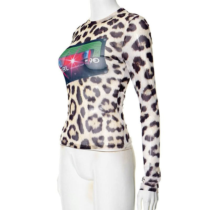 Leopard print mesh long sleeve top  | Festival Outfits Women  | Cheetah Print Top