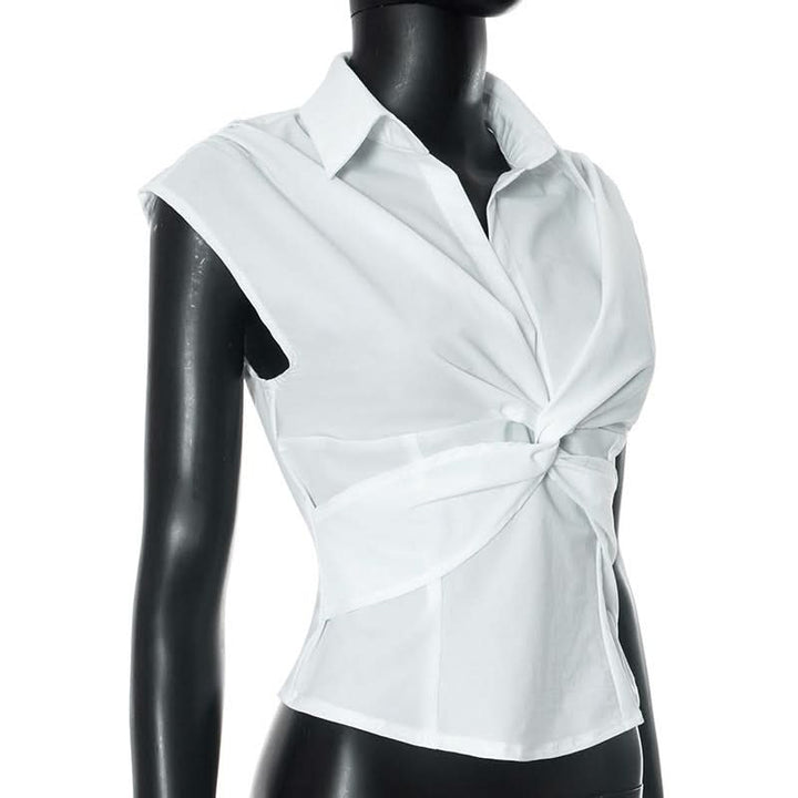 Turnover collar cap sleeve v neck top  | Festival Outfits Women