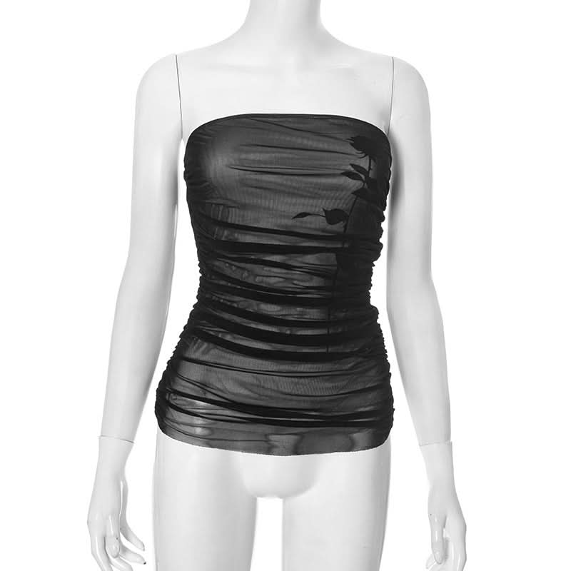 Flower print mesh ruched tube top  | Festival Outfits Women