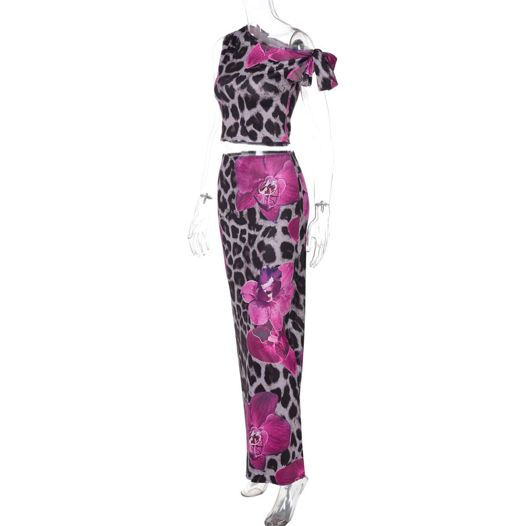 One shoulder flower leopard print maxi skirt set  | Festival Outfits Women