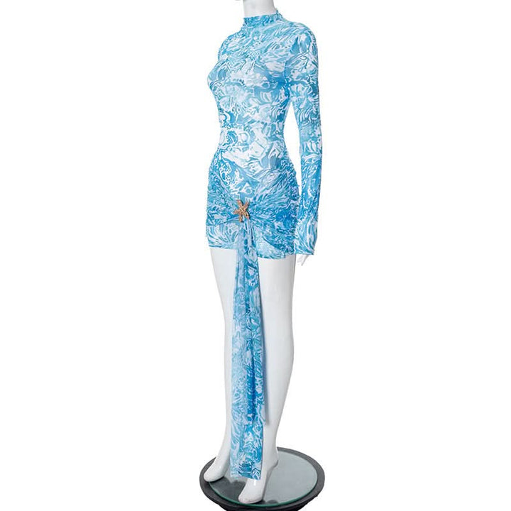 Long sleeve high neck mesh starfish applique mini dress  | Festival Outfits Women