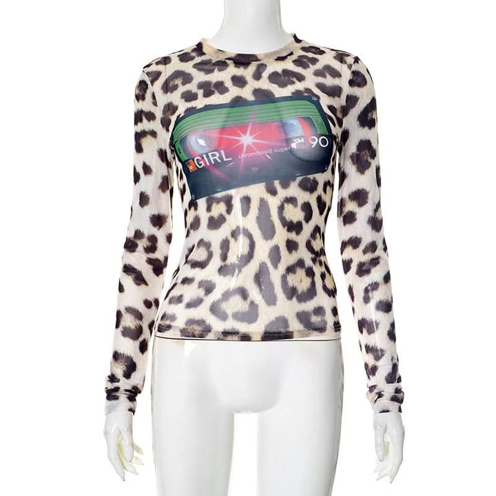 Leopard print mesh long sleeve top  | Festival Outfits Women  | Cheetah Print Top