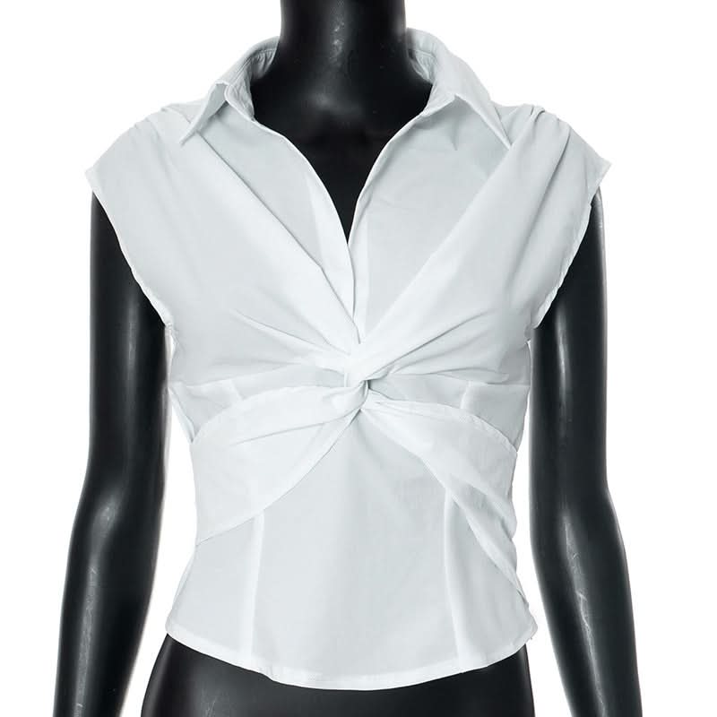 Turnover collar cap sleeve v neck top  | Festival Outfits Women