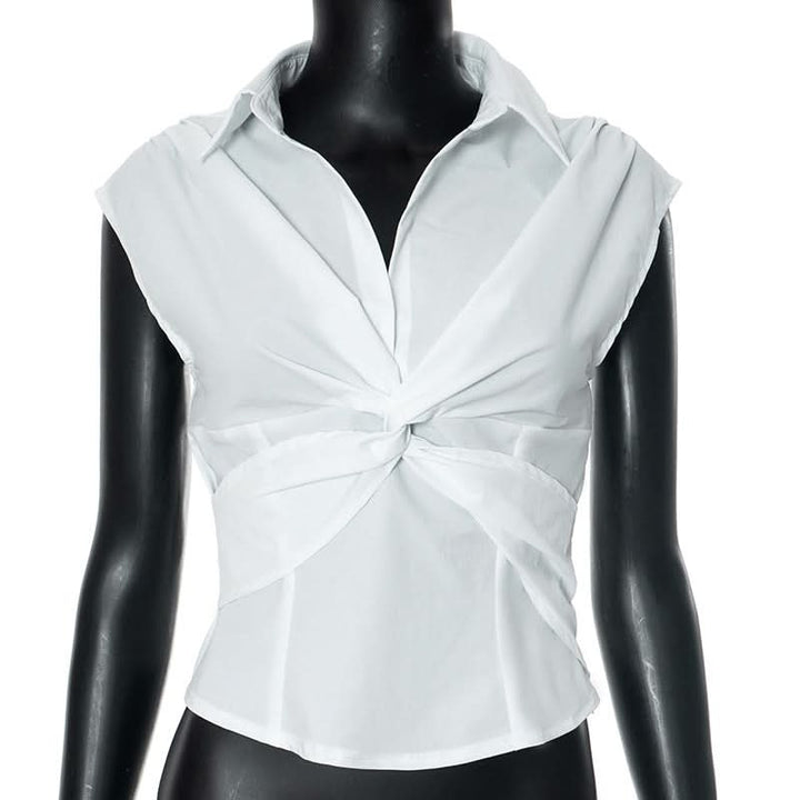 Turnover collar cap sleeve v neck top  | Festival Outfits Women