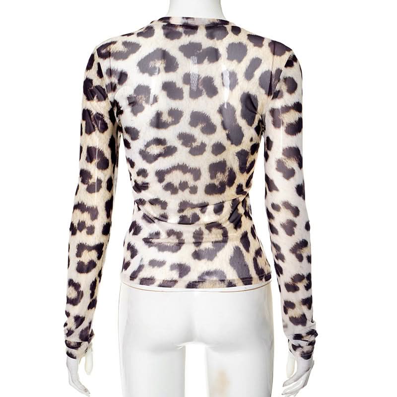 Leopard print mesh long sleeve top  | Festival Outfits Women  | Cheetah Print Top