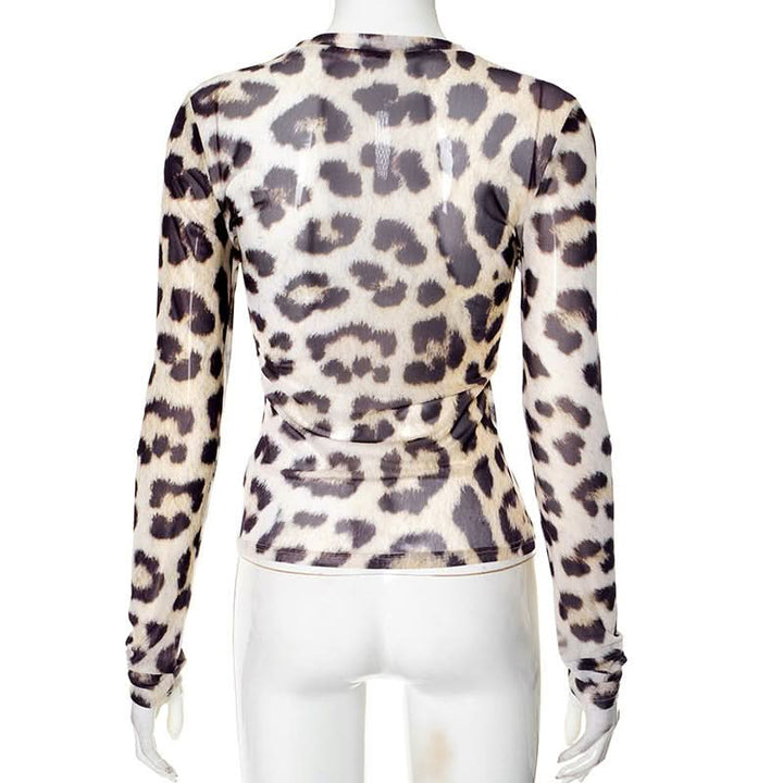 Leopard print mesh long sleeve top  | Festival Outfits Women  | Cheetah Print Top