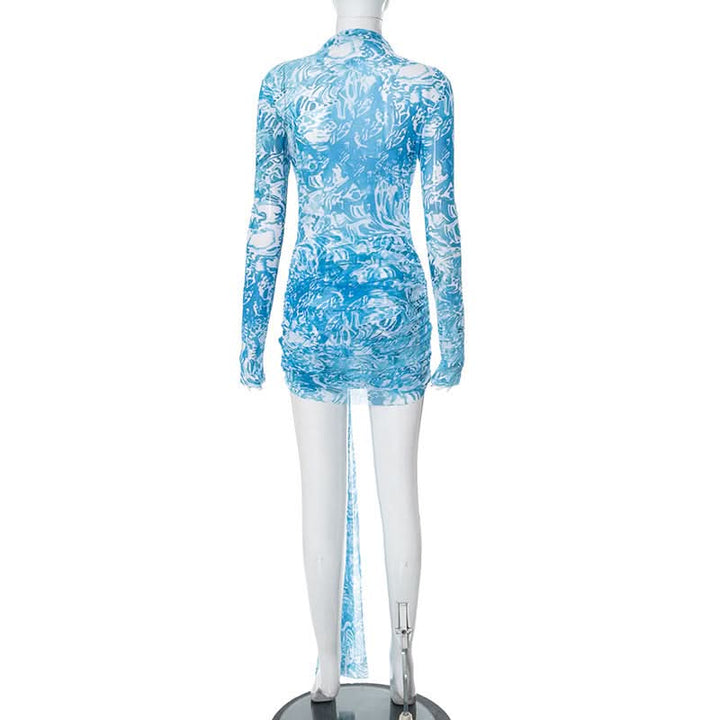 Long sleeve high neck mesh starfish applique mini dress  | Festival Outfits Women