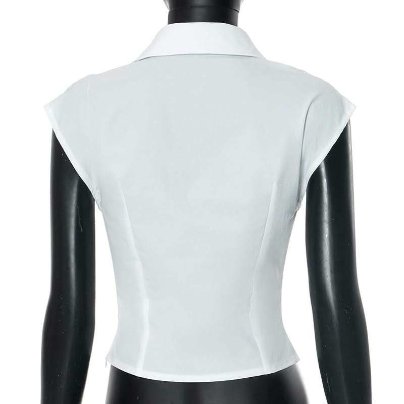 Turnover collar cap sleeve v neck top  | Festival Outfits Women
