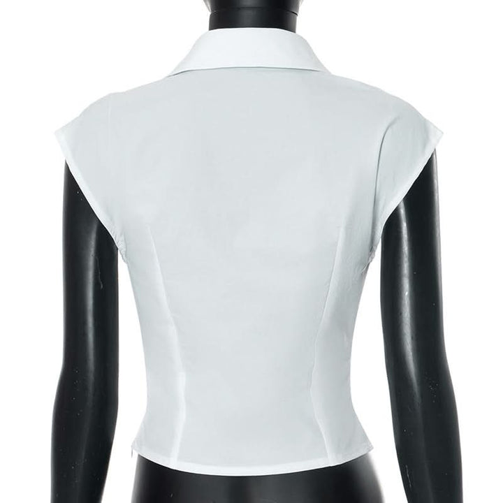 Turnover collar cap sleeve v neck top  | Festival Outfits Women