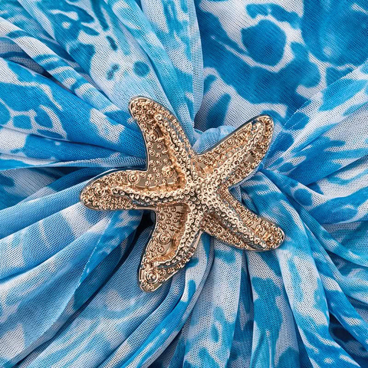 Long sleeve high neck mesh starfish applique mini dress  | Festival Outfits Women