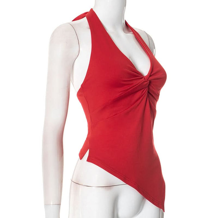 Halter v neck ruched self tie irregular top  | Festival Outfits Women