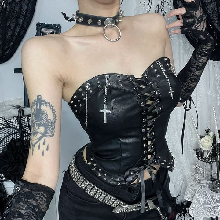 Lace up PU leather metal chain tube top  | Festival Outfits Women