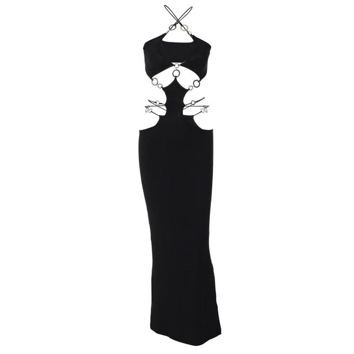 Hollow out o ring cross front slit cut out maxi dress  | Festival Outfits Women
