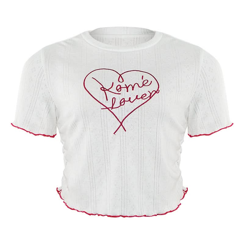 Crewneck short sleeve ruffle letter embroidery top  | Festival Outfits Women