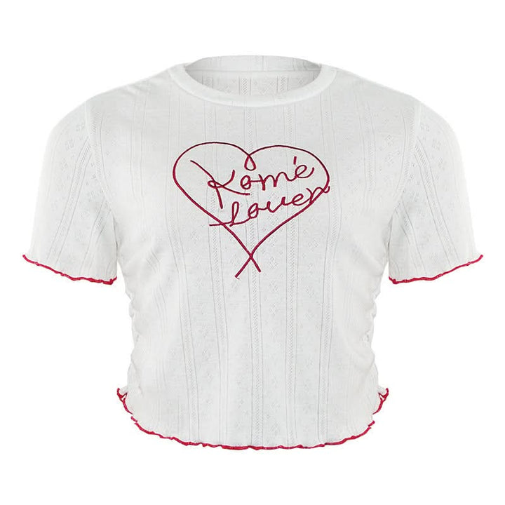 Crewneck short sleeve ruffle letter embroidery top  | Festival Outfits Women