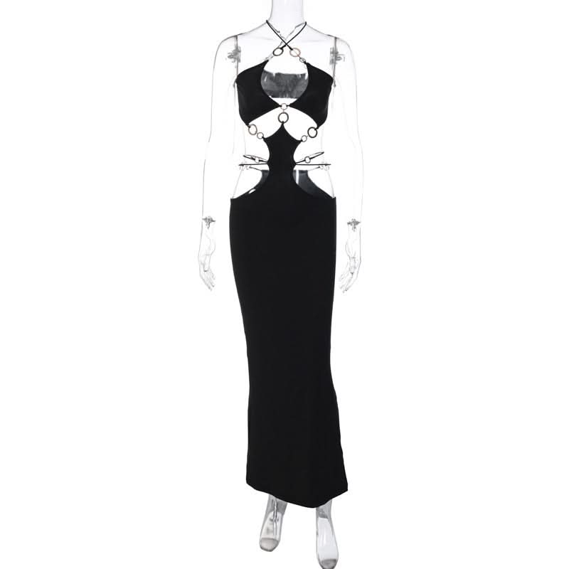 Hollow out o ring cross front slit cut out maxi dress  | Festival Outfits Women