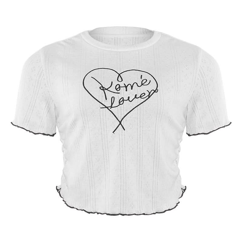 Crewneck short sleeve ruffle letter embroidery top  | Festival Outfits Women