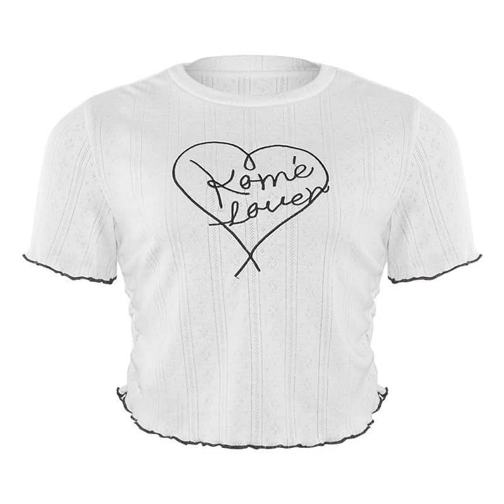 Crewneck short sleeve ruffle letter embroidery top  | Festival Outfits Women