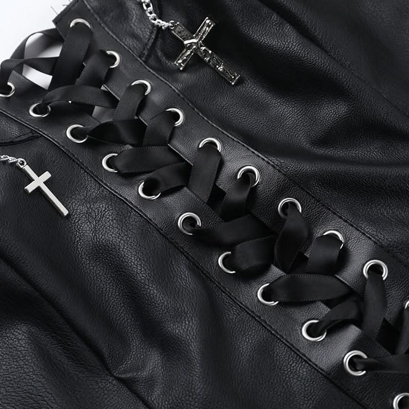 Lace up PU leather metal chain tube top  | Festival Outfits Women