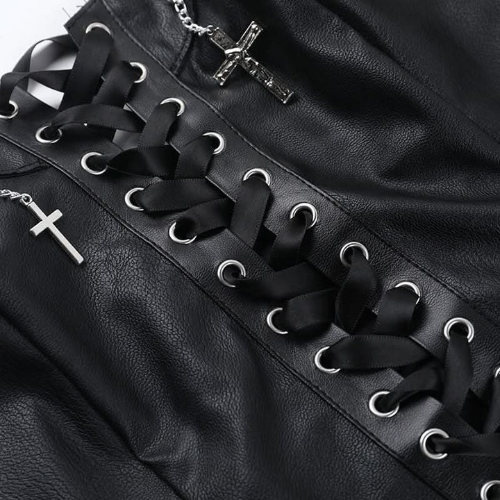 Lace up PU leather metal chain tube top  | Festival Outfits Women