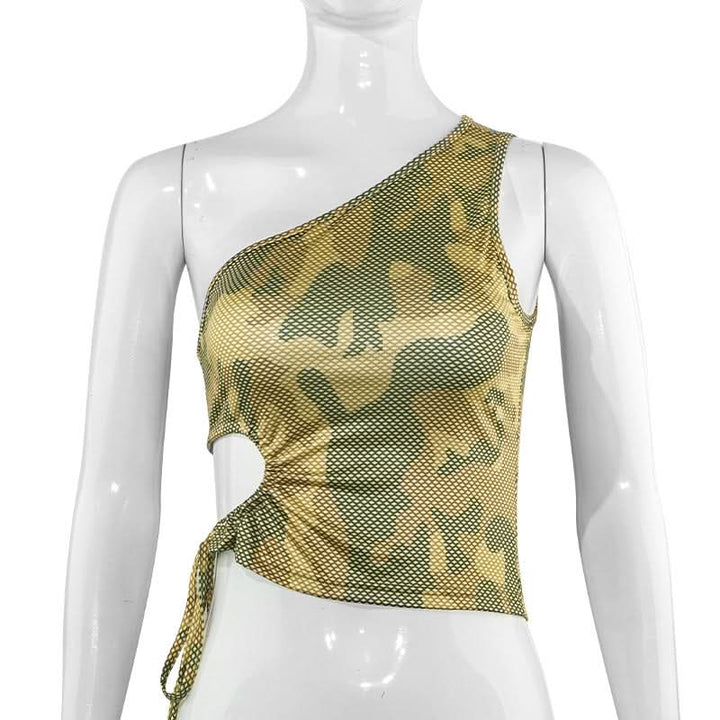 One shoulder hollow out camouflage self tie cut out top  | Festival Outfits Women