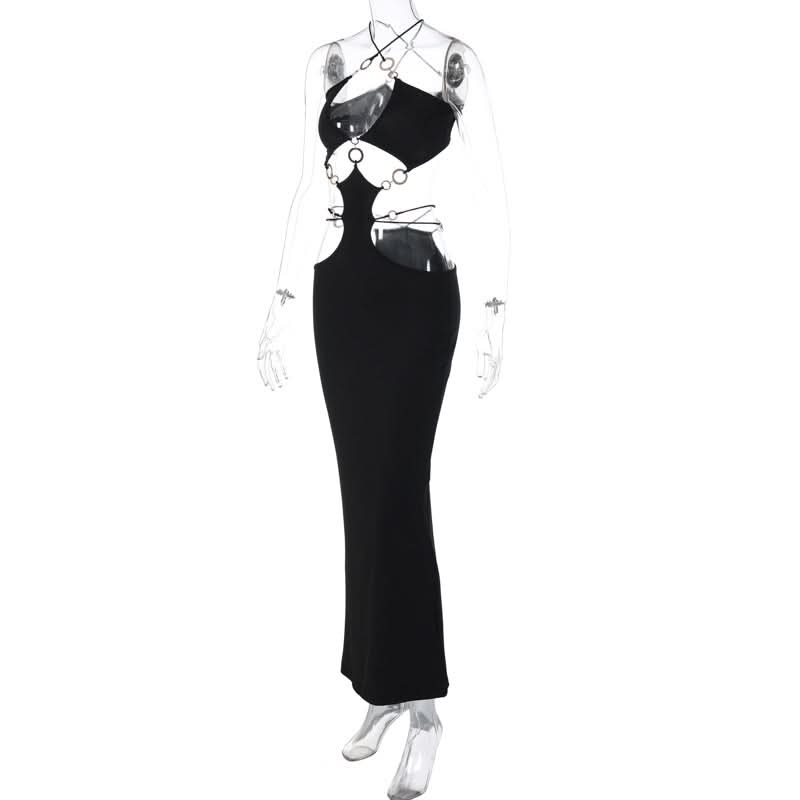 Hollow out o ring cross front slit cut out maxi dress  | Festival Outfits Women