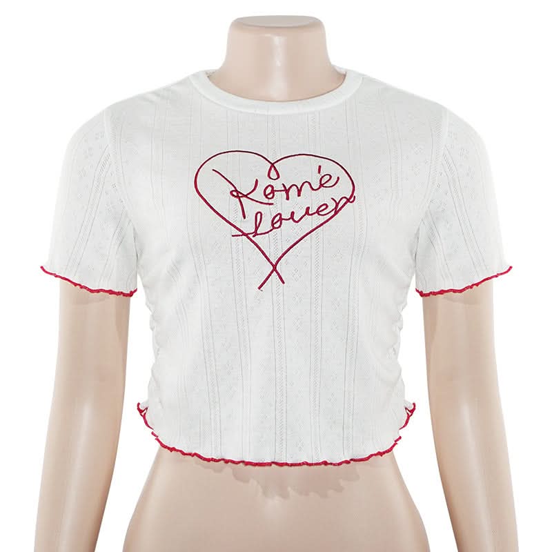 Crewneck short sleeve ruffle letter embroidery top  | Festival Outfits Women