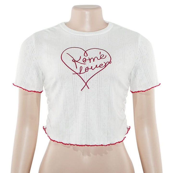 Crewneck short sleeve ruffle letter embroidery top  | Festival Outfits Women