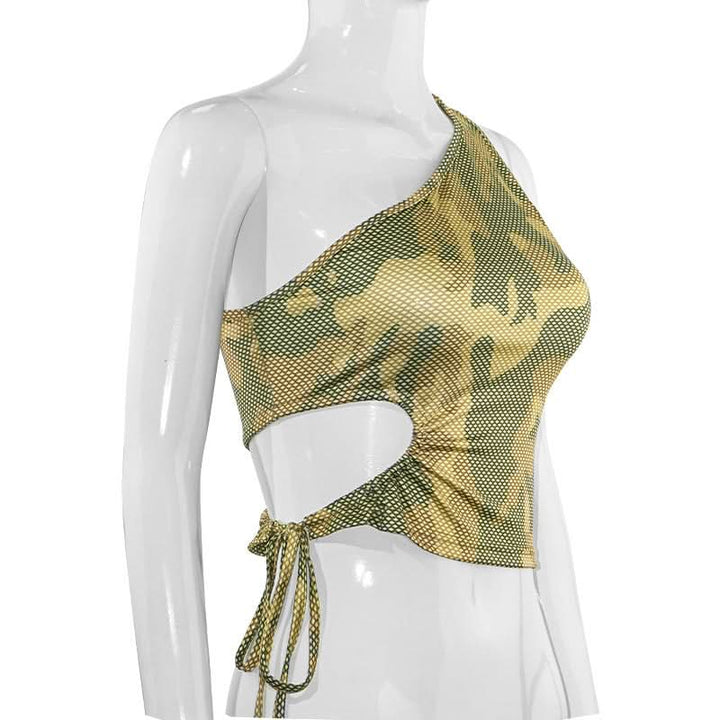 One shoulder hollow out camouflage self tie cut out top  | Festival Outfits Women